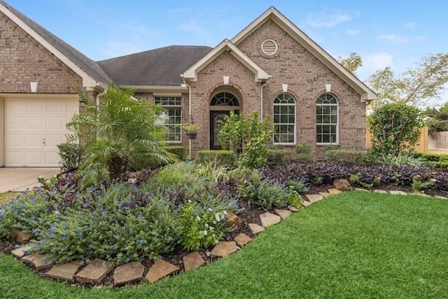 7903 Black Horse Cv, Missouri City, TX 77459 - view of front of house with brick siding, a front yard, a garage, and roof with shingles