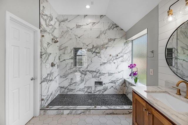 7903 Black Horse Cv, Missouri City, TX 77459 - full bath with vanity, tiled shower, and vaulted ceiling