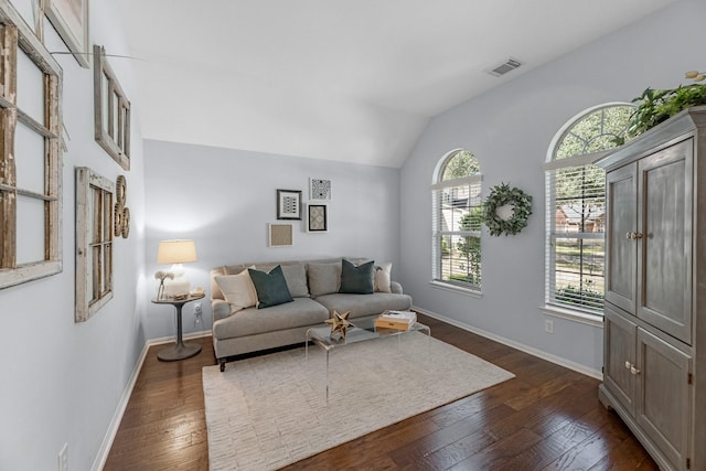 7903 Black Horse Cv, Missouri City, TX 77459 - living area with lofted ceiling, dark wood-style floors, and baseboards