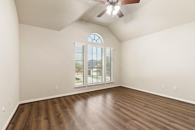 10410 Kingston Creek Ln, Cypress, TX 77433 - unfurnished room with a ceiling fan, vaulted ceiling, dark wood-style floors, and baseboards