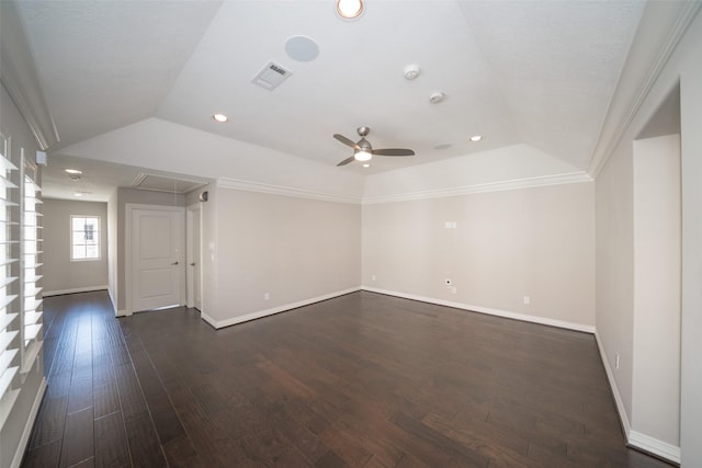 13415 Preston Cliff Ct, Houston, TX 77077 - empty room with lofted ceiling, dark wood finished floors, attic access, baseboards, and ceiling fan