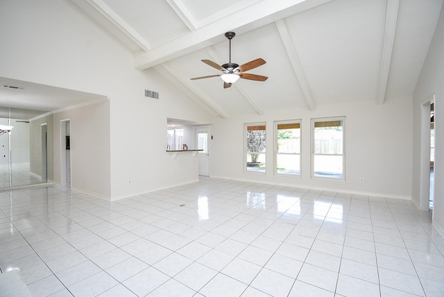 3119 Wagon Trail Dr, Sugar Land, TX 77479 - unfurnished living room featuring ceiling fan, light tile patterned floors, baseboards, beam ceiling, and high vaulted ceiling