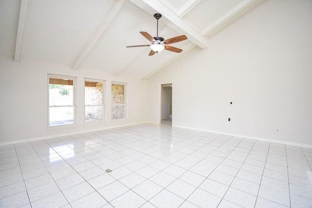 3119 Wagon Trail Dr, Sugar Land, TX 77479 - unfurnished room featuring beam ceiling, ceiling fan, light tile patterned floors, high vaulted ceiling, and baseboards