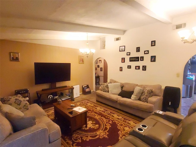 200 El Pinto Dr, Lumberton, TX 77657 - living room featuring arched walkways, a chandelier, beam ceiling, and carpet