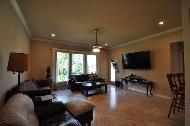 40029 Mill Creek Rd, Magnolia, TX 77354 - living room with recessed lighting, ornamental molding, ceiling fan, and baseboards