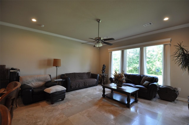 40029 Mill Creek Rd, Magnolia, TX 77354 - living area with ornamental molding, recessed lighting, a ceiling fan, and baseboards