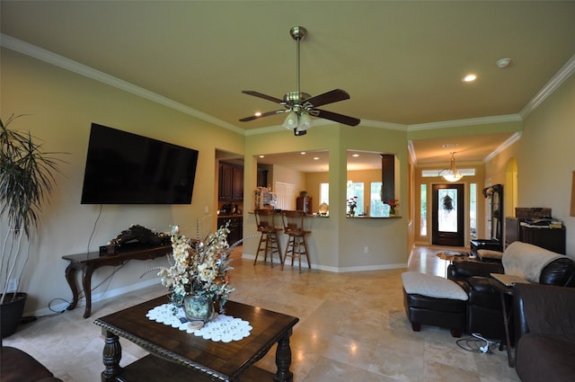 40029 Mill Creek Rd, Magnolia, TX 77354 - living room with a ceiling fan, ornamental molding, baseboards, arched walkways, and recessed lighting