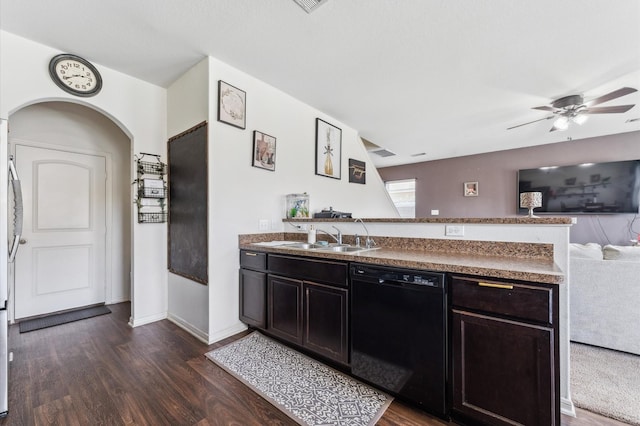 2415 Fallen Pine Ln, Houston, TX 77088 - kitchen featuring black dishwasher, a sink, a peninsula, open floor plan, and dark wood-style flooring