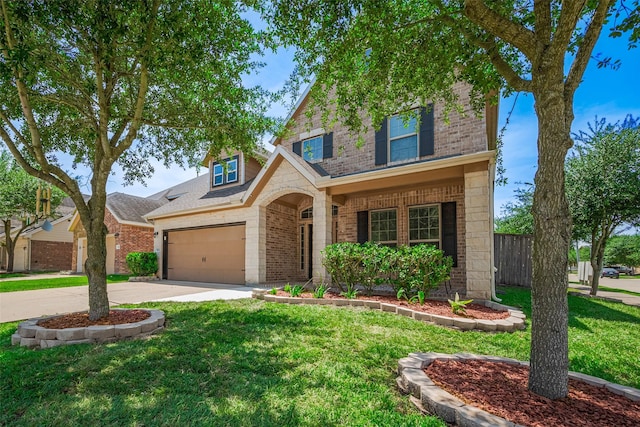 5615 Gemstone Park Rd, Richmond, TX 77407 - traditional home with brick siding, driveway, a garage, roof with shingles, and stone siding