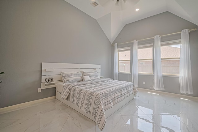 5615 Gemstone Park Rd, Richmond, TX 77407 - bedroom with light marble finish floors, multiple windows, lofted ceiling, recessed lighting, and baseboards