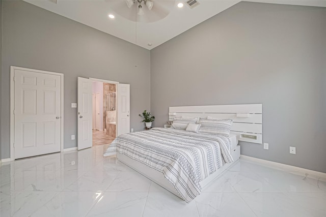5615 Gemstone Park Rd, Richmond, TX 77407 - bedroom with high vaulted ceiling, light marble finish floors, baseboards, ensuite bathroom, and ceiling fan