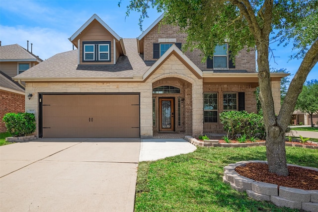 5615 Gemstone Park Rd, Richmond, TX 77407 - view of front of property with stone siding, driveway, brick siding, a shingled roof, and a front lawn