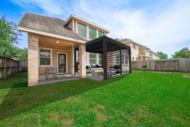 5615 Gemstone Park Rd, Richmond, TX 77407 - rear view of property featuring an outdoor hangout area, a patio, roof with shingles, and central AC unit