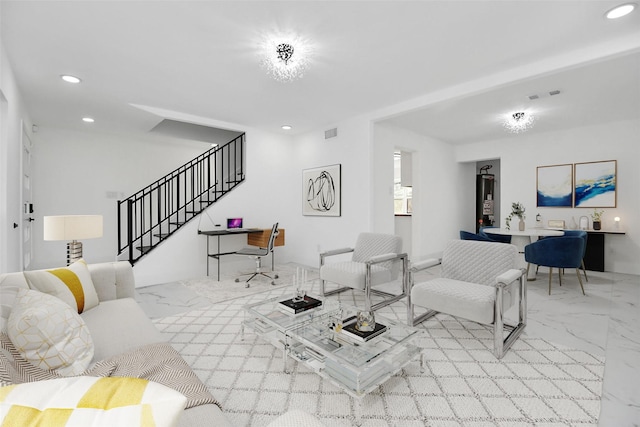 6035 Cartagena St, Houston, TX 77035 - living room with stairs, recessed lighting, and marble look tile flooring