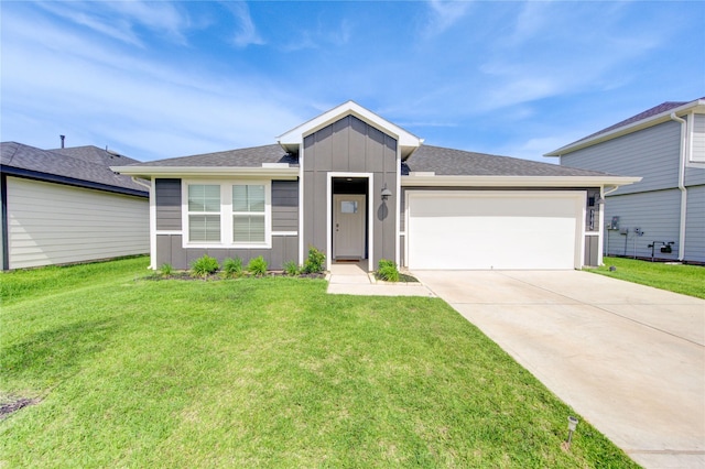 31814 Hallington Hill Ln, Fulshear, TX 77441 - single story home featuring board and batten siding, concrete driveway, an attached garage, a front lawn, and a shingled roof