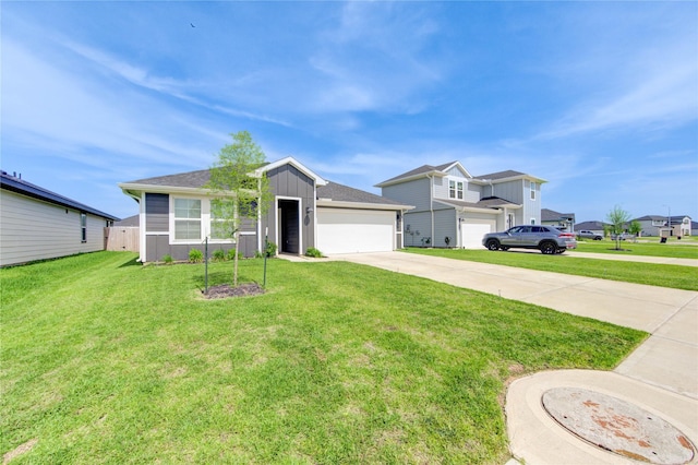 31814 Hallington Hill Ln, Fulshear, TX 77441 - view of front of house with concrete driveway, a garage, a front lawn, a residential view, and board and batten siding