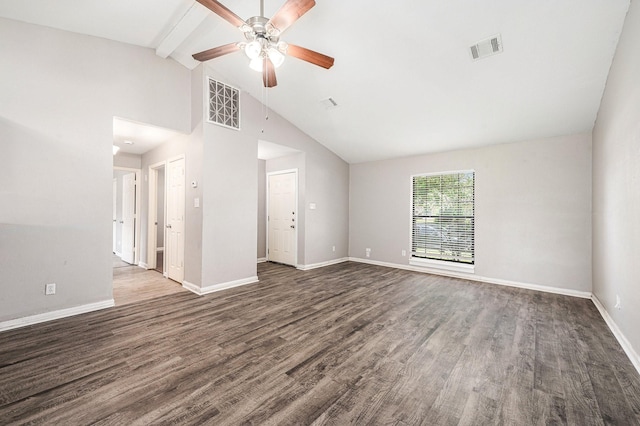 16243 Knollridge Ct, Houston, TX 77053 - unfurnished living room with a ceiling fan, wood finished floors, beamed ceiling, baseboards, and high vaulted ceiling
