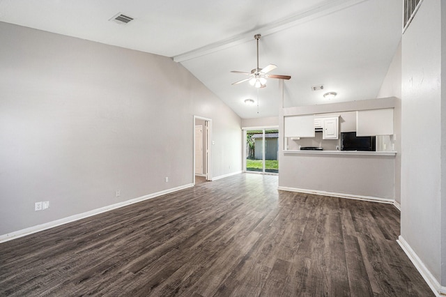 16243 Knollridge Ct, Houston, TX 77053 - unfurnished living room featuring dark wood-style floors, ceiling fan, and baseboards