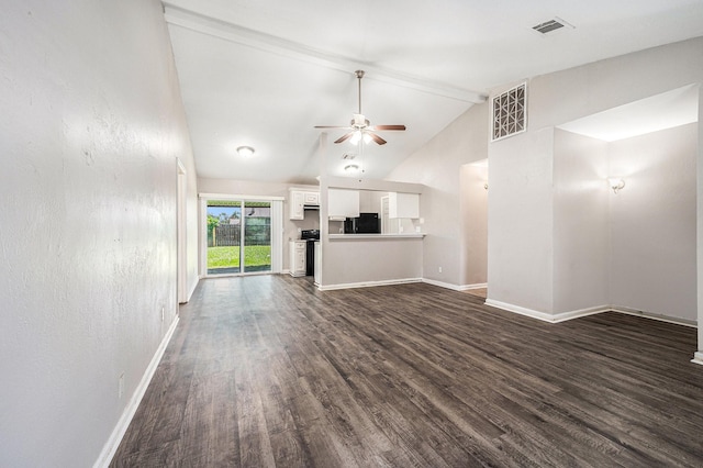 16243 Knollridge Ct, Houston, TX 77053 - unfurnished living room with a ceiling fan, dark wood-style floors, vaulted ceiling, and baseboards