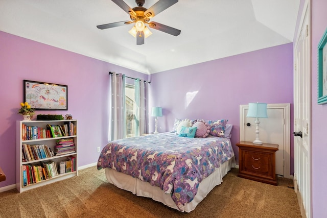 11802 Guernsey Dr, Tomball, TX 77377 - bedroom featuring carpet flooring, vaulted ceiling, baseboards, and ceiling fan