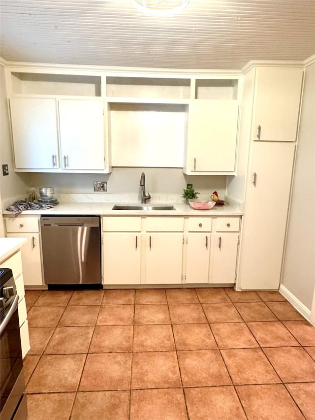 1062 Lamonte Ln, Houston, TX 77018 - kitchen with stainless steel dishwasher, range, light countertops, open shelves, and light tile patterned flooring