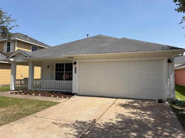 19638 Plantation Grove Trl, Katy, TX 77449 - ranch-style home with a porch, driveway, an attached garage, and roof with shingles