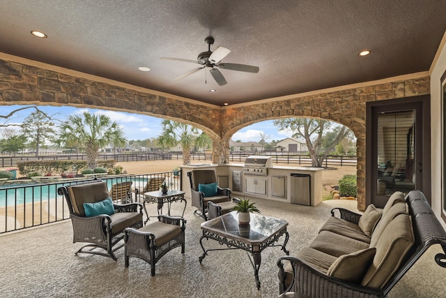 14 Royal King Rd, Tomball, TX 77377 - view of patio with area for grilling, outdoor lounge area, a fenced backyard, ceiling fan, and a grill