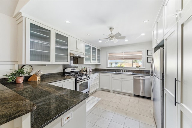 2023 Du Barry Ln, Houston, TX 77018 - kitchen featuring stainless steel appliances, a sink, under cabinet range hood, light tile patterned floors, and a ceiling fan