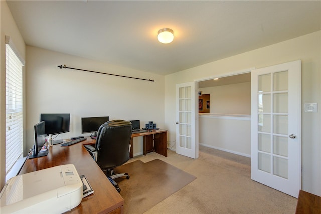 office area featuring french doors and carpet flooring