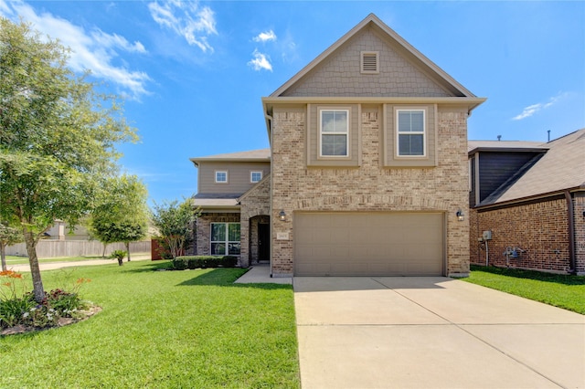 traditional home with brick siding, a garage, and concrete driveway