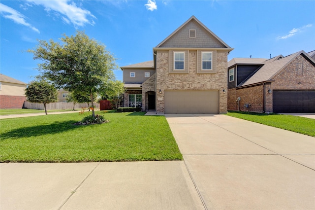 view of front of property featuring brick siding, driveway, and a garage
