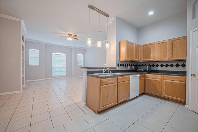 2710 Grants Lake Blvd Unit L8, Sugar Land, TX 77479 - kitchen with a sink, dishwasher, ornamental molding, light tile patterned floors, and dark countertops
