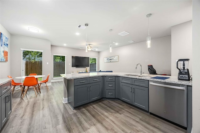 5023 Mallow St A/B, Unit A/B Houston, TX 77033 - kitchen featuring stainless steel dishwasher, gray cabinetry, light wood-style floors, ceiling fan, and recessed lighting