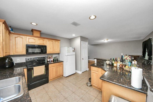kitchen featuring black appliances, recessed lighting, light tile patterned floors, light brown cabinetry, and a sink