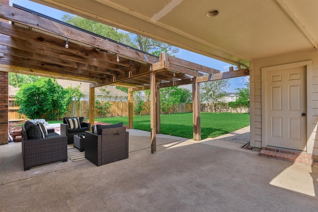 view of patio featuring a pergola and an outdoor living space