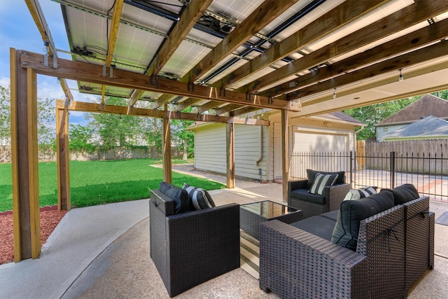 view of patio / terrace with outdoor lounge area, a garage, and a pergola