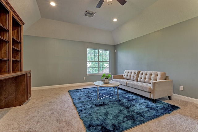 carpeted living room with a ceiling fan, vaulted ceiling, baseboards, and recessed lighting