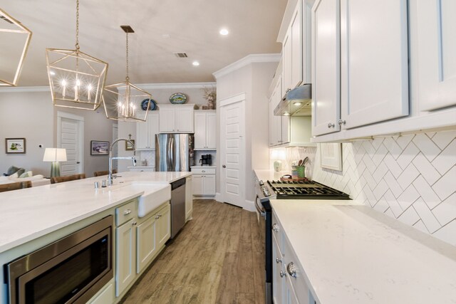 2176 Rope Maker Rd, Conroe, TX 77384 - kitchen with stainless steel appliances, under cabinet range hood, ornamental molding, a sink, and white cabinetry