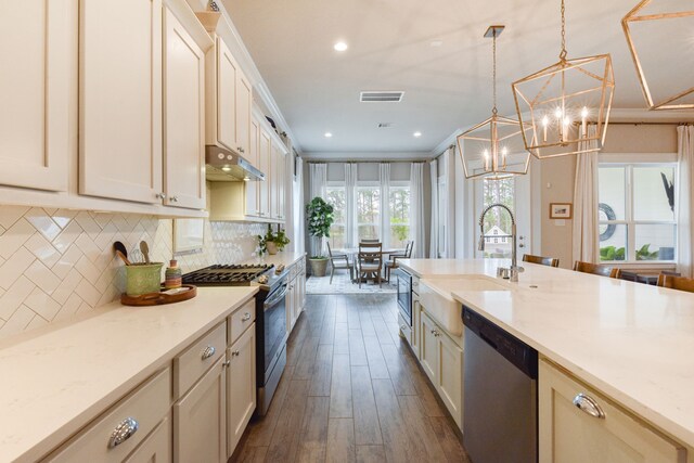 2176 Rope Maker Rd, Conroe, TX 77384 - kitchen featuring stainless steel appliances, under cabinet range hood, a sink, dark wood finished floors, and backsplash