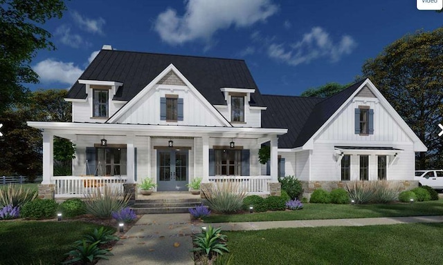 124 Hickory, Village Mills, TX 77663 - modern farmhouse featuring covered porch, french doors, board and batten siding, metal roof, and a standing seam roof