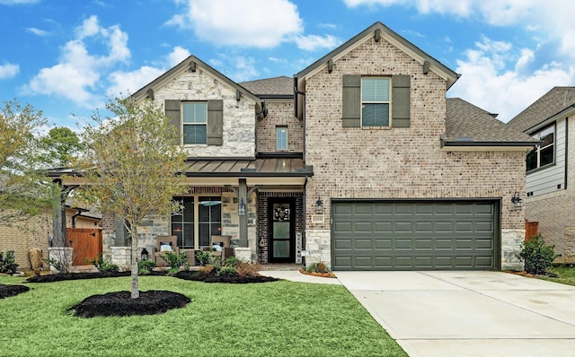 12531 Tullich Run Dr, Humble, TX 77346 - view of front of house featuring driveway, a garage, covered porch, brick siding, and stone siding