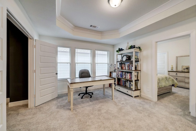 12531 Tullich Run Dr, Humble, TX 77346 - home office featuring light carpet, a raised ceiling, crown molding, and baseboards