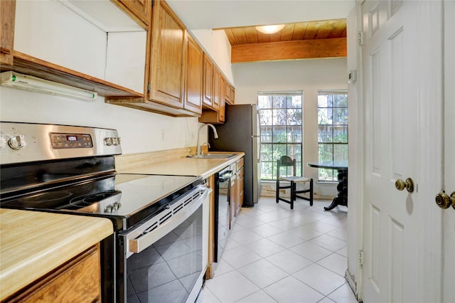 5380 Brownway St Unit D38, Houston, TX 77056 - kitchen with stainless steel electric range oven, beamed ceiling, light countertops, dishwasher, and a sink