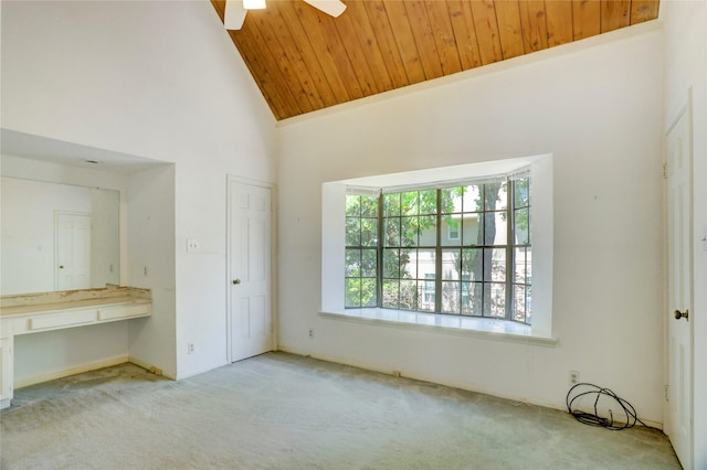 5380 Brownway St Unit D38, Houston, TX 77056 - unfurnished living room featuring carpet floors, high vaulted ceiling, wood ceiling, and ceiling fan