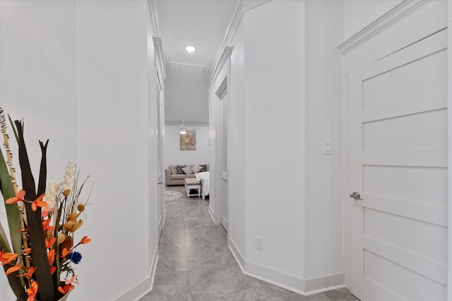 1314 Briar Cliff St, Conroe, TX 77385 - hallway with baseboards, light marble finish flooring, and recessed lighting
