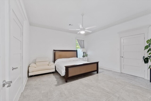 1314 Briar Cliff St, Conroe, TX 77385 - bedroom with crown molding, ceiling fan, baseboards, and light marble finish flooring