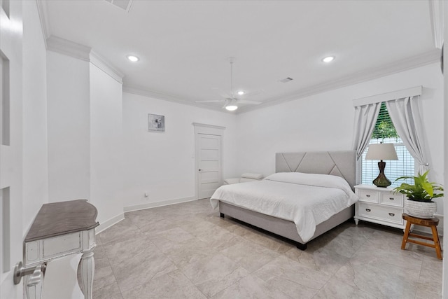 1314 Briar Cliff St, Conroe, TX 77385 - bedroom with ornamental molding, recessed lighting, a ceiling fan, and baseboards