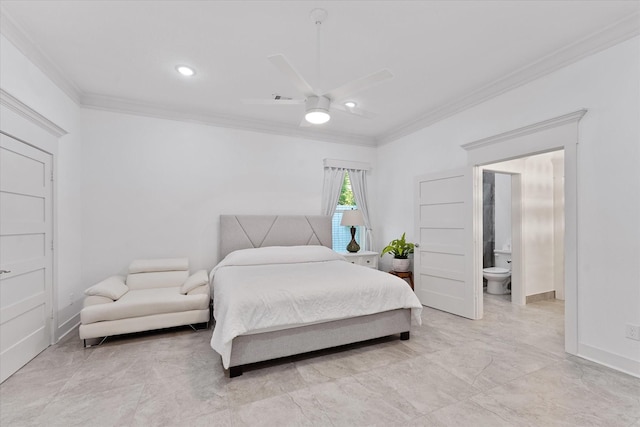 1314 Briar Cliff St, Conroe, TX 77385 - bedroom with crown molding, light marble finish floors, baseboards, ensuite bathroom, and a ceiling fan