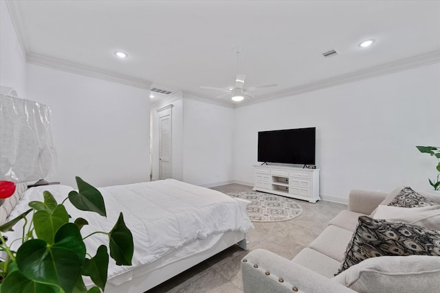 1314 Briar Cliff St, Conroe, TX 77385 - bedroom featuring crown molding, recessed lighting, baseboards, ceiling fan, and light marble finish floors