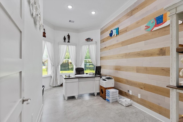 1314 Briar Cliff St, Conroe, TX 77385 - office area with crown molding, wood walls, recessed lighting, and baseboards